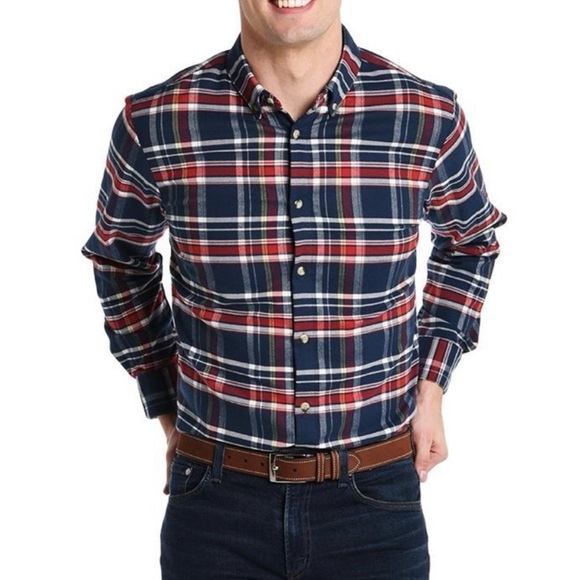 Mizzen + Main Dress Button Down Blue & Red Plaid Flannel Size Large Trim Fit - Picture 1 of 14